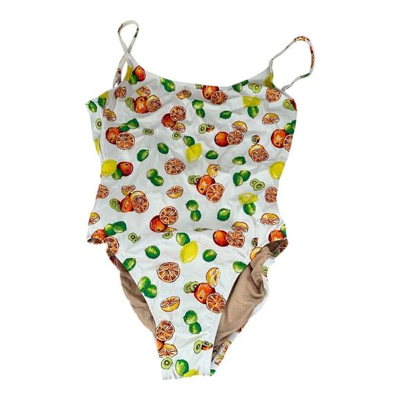 J. Crew L Fruit Print Lemon Kiwi Orange Lime Swimsuit One Piece White Beach Pool - Picture 1 of 14
